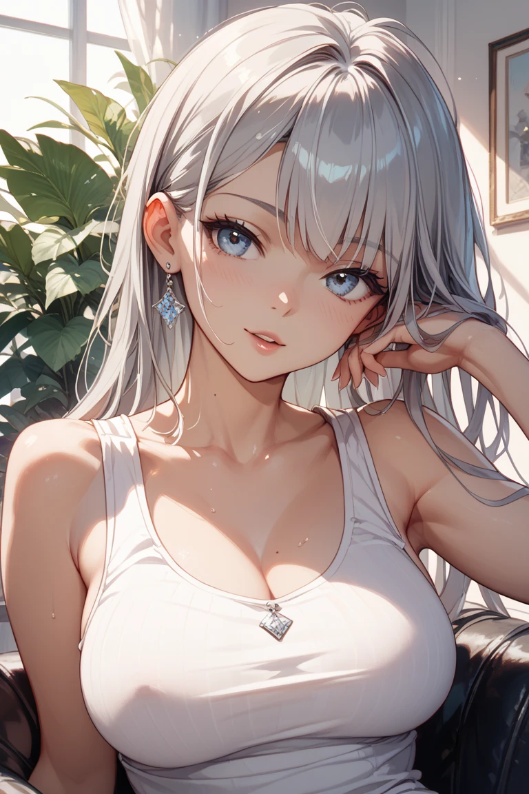 (Best Quality,High resolution,8K,finelity detailed background,Masterpiece:1.2),beautiful girl,Glossy romance gray hair,messy hair,Gray eyes,Gentle look,A refreshing look,Best quality,Best Quality,Aesthetic and aesthetic:1.2,Best details((Super detailed))(High-definition CG illustrations),Tank top,Training wear,Slender body,Training Gym,smile,blush,cute,Scrounge,Looking up,Being spoiled,super model,shoot from above