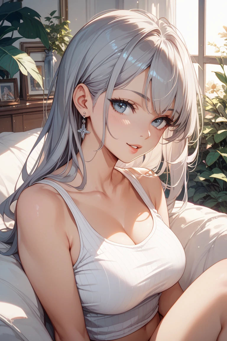 Gal、Lying down、Looks sleepy、hair is gray、laughing、Around 25 years old、Anime style illustration long hair, 
