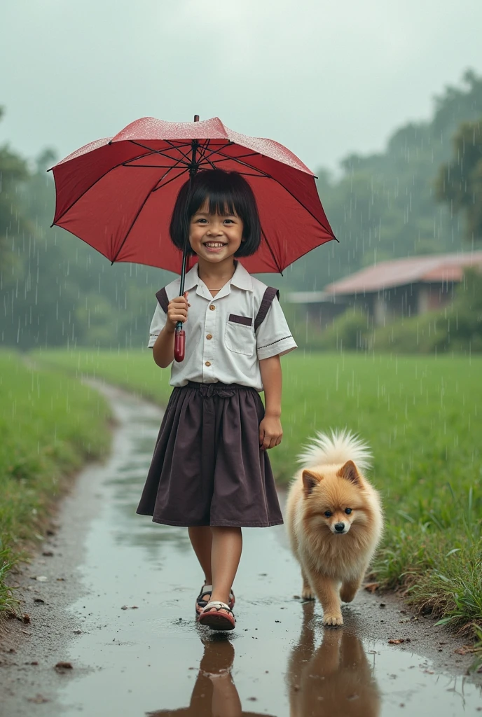 A cute little boy holding an umbrella for a cute little dog
