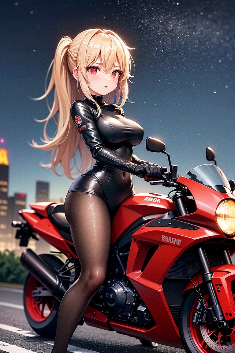 金髪の女性がcyber punkの街に立っている,Full body portrait,(masterpiece, Highest quality, Very detailed, Beautiful details in the eyes,Delicate face), Ultra-realistic, Blonde long hair, Wearing a black leather jacket,Wearing black jeans,Heart tattoo under the left eye, Seducing the viewer with captivating eyes, Beautiful Art Ultra HD 8K, 8KのVery detailedデジタルアート,cyber punk,{{{Neon Background}}},A very complicated background,Shinjuku,A face with hints of mechanical detail,A large motorcycle with a glossy black body and neon lines.