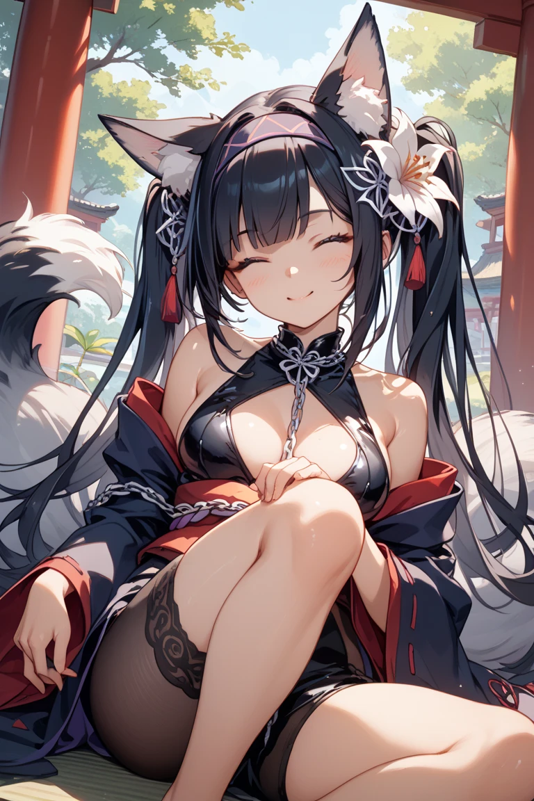 (best quality,4k,8k,highres,masterpiece:1.2),ultra-detailed,cute girl with a fox mask sitting down in a relaxed position, full body view,dark black hair flowing down her shoulders, detailed eyes filled with curiosity and wonder, black clothes with elegant patterns, vivid colors that enhance the mystique of the scene, a serene garden background with blooming cherry blossoms and lush greenery, soft natural lighting that highlights the girl's features, a touch of anime-inspired style to add a unique charm to the artwork