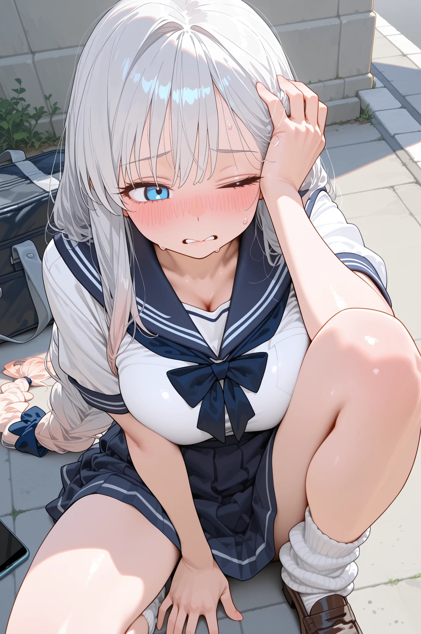 (Highest quality:1.24K, 8k, Studio Anime, Very detailed, Latest, Vibrant, High detail, High Contrast, masterpiece:1.2, Highest quality, Best aesthetics), (((1 Girl))), Sit and pose, ＪＫ, Sailor suit, Pleated skirt, loose socks, loafers, Please open your mouth a little:1.2, smile, Dynamic Angle, look up:1.3, Friendly atmosphere, Beautiful Hair, Shiny Hair, Beautiful Skin, Detailed face and eyes, Glossy Lips, Curvy Women, Striking contrast,