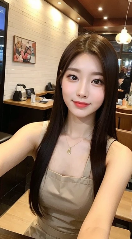 1 adult female, long hair, curly hair, black hair color, smooth skin, brown eyes, Make you smile, time々, cocktail dress, realist, party venue, 8k super realist, super detalhado e realist