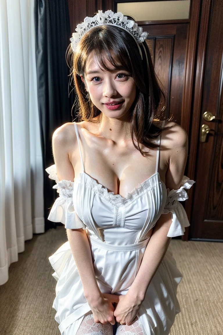 9years, Adorable, Japan Girl, 9years,Smile,Curtsey, (frilled white dress:1.2) , hair scrunchie, Twin-tailed , medium breast, (High color saturation,catchlight:1.0), (highlydetailed skin), (Best Quality:1.0), (超A high resolution:1.0) ,(photographrealistic:1.0), (ultra-detailliert:1.0), (8K, Raw photo:1.1), ( downbrouse:1.0),(See-through)