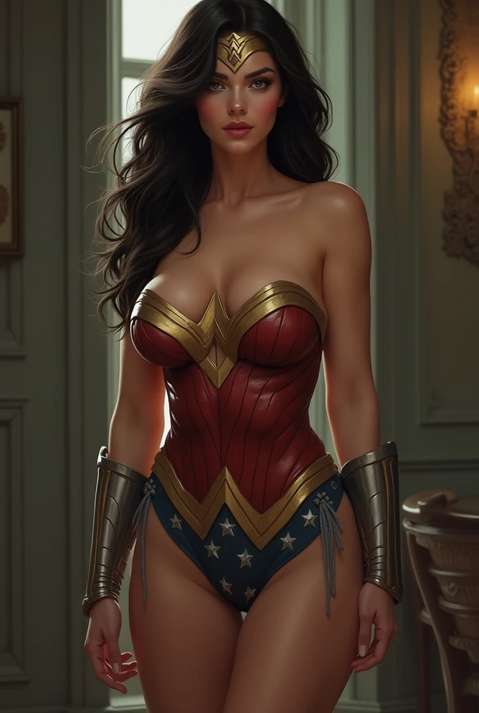 Art image of Lynda Carter as Wonder Woman, busty, beautiful, black hair, large breasts, WWII background, by Louis Royo, Boris Vallejo, Frank Frazetta, extreme focus, sharp details, sexy