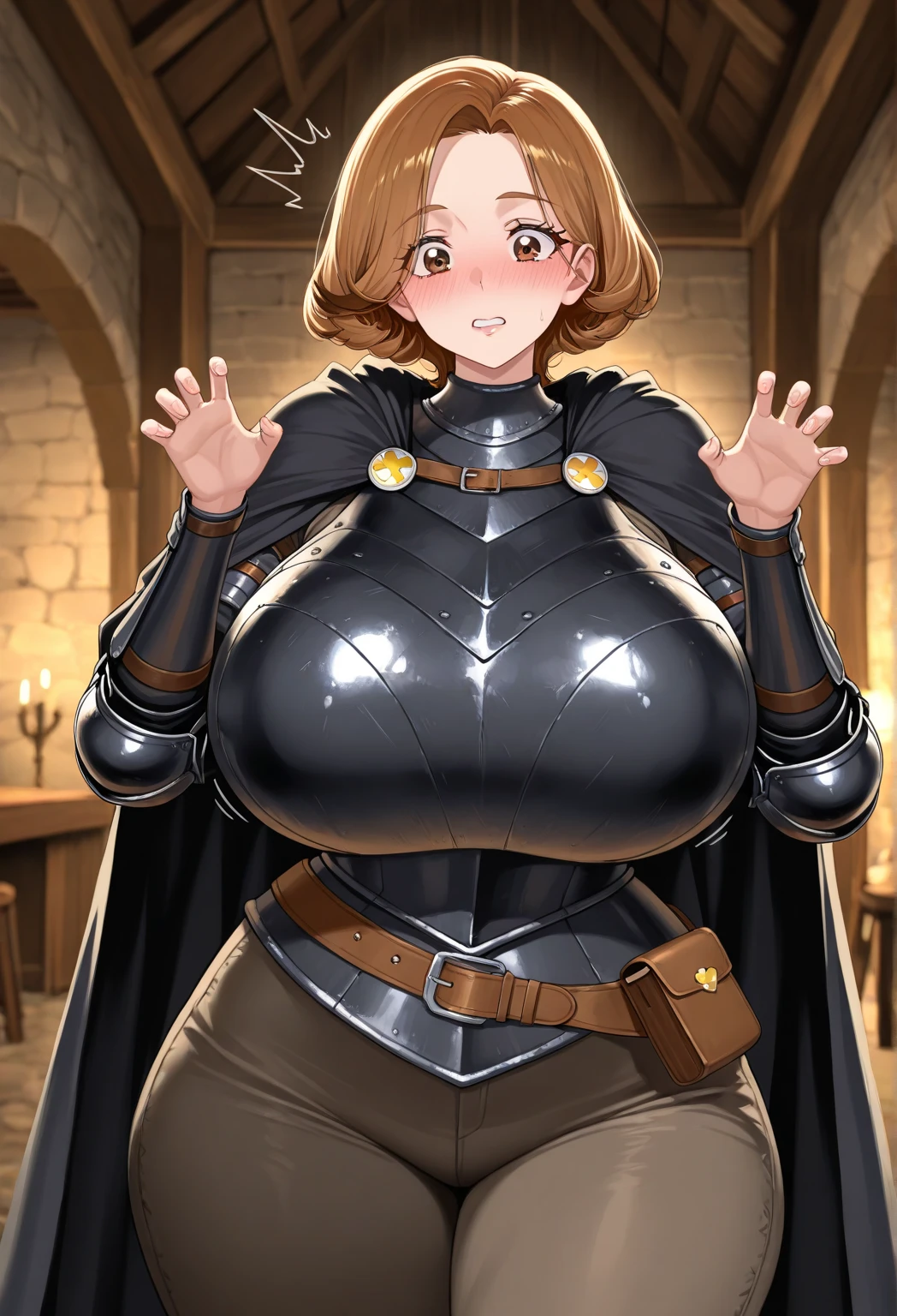 Elizabeth, huge boobs, big hips, (BioShock style), face detailing, ultra quality, (blue purple light), ((dark brown shirt mini dress, see through)), ((see through)), jacket, belts, face detailing, ultra quality, stockings, ((huge puffy nipple)), ((boost push down boobs)), in catacombs, magic sphere, (strange armor)