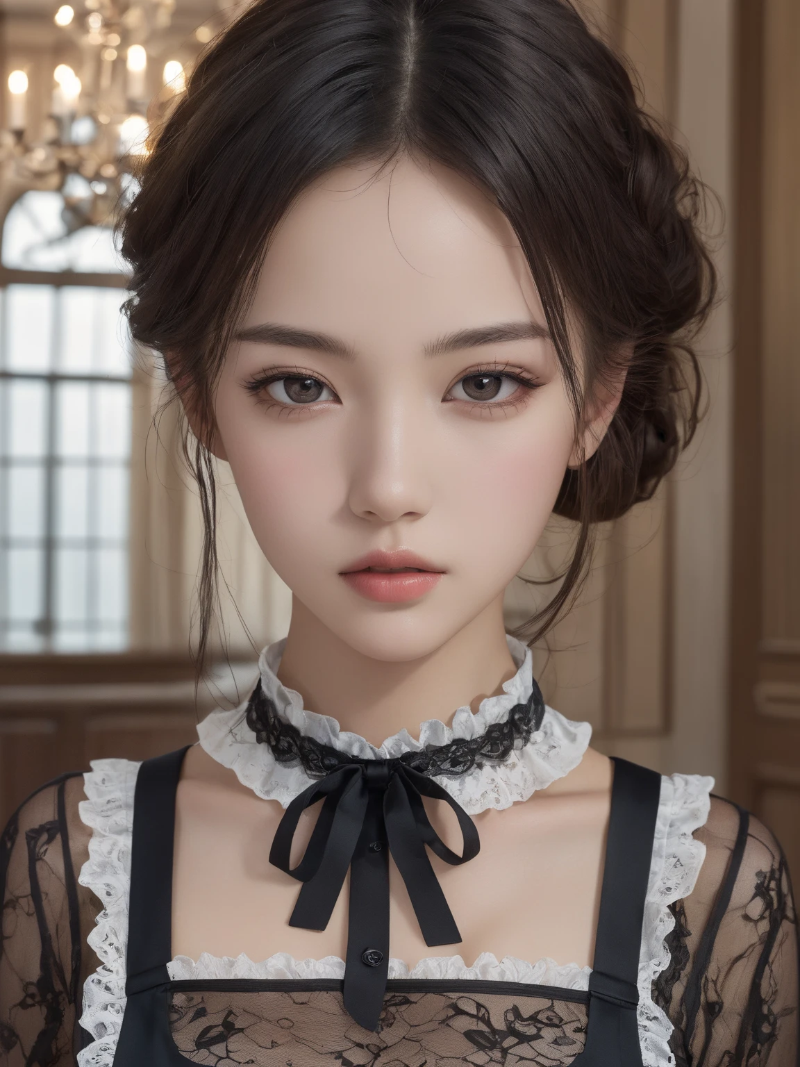 digital portrait、realistic depiction of the human body、RAW photo、one girl、gentle gray eyes、plump lips、An ennui look、small breasts、shortcut、(((Elegant black lace-like line dress、Dense and artistic lace black line dress、beautiful dress、super luxury dress)))、highest quality、super resolution、master piece:1.5、medium depth of field、50ｍｍlens、cinematic lighting、Backlight、professional photographer、