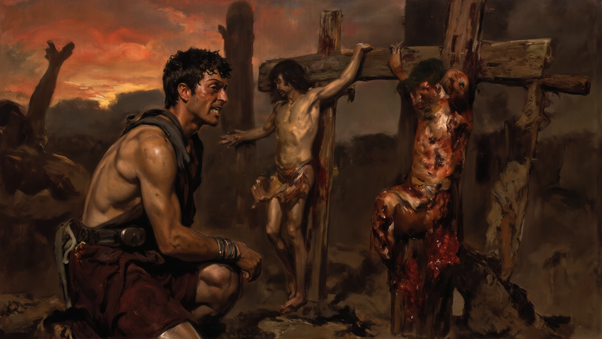 Panel 1: Sebastian is tied to a tree and shot with arrows by soldiers. 
Panel 2: A Christian woman finds Sebastian wounded and takes care of him. 