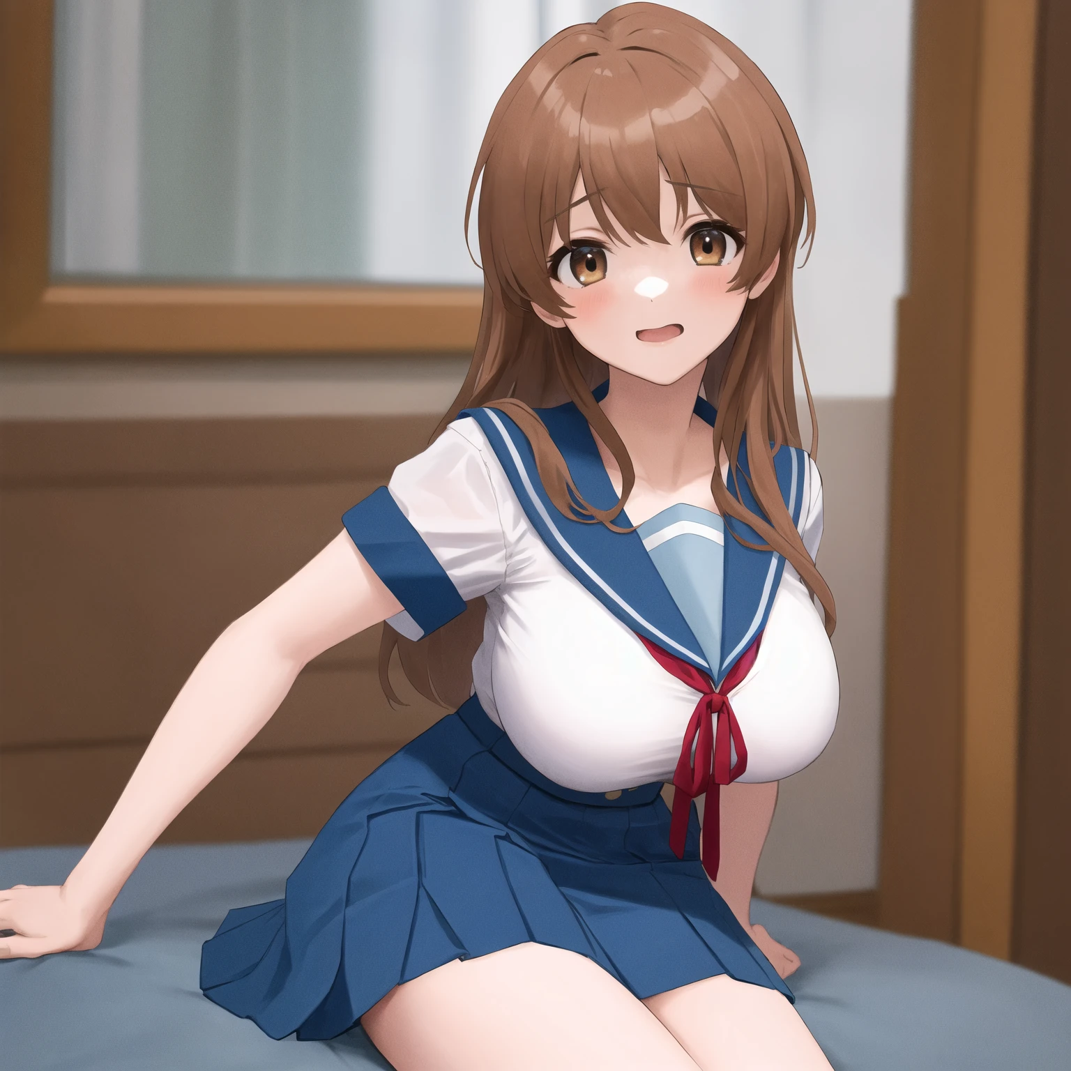 (((masterpiece, Highest quality, High resolution, 超High resolution, Perfect Pixel, Depth of written boundary, 4K, RTTX 10.0))), Beautiful Anime Woman, Beautiful art style, Anime characters, ((Smooth texture, Realistic texture, Anime CG Style)), Exact finger count、Exact number of legs、(Exact number of arms:1.0, Exact number of hands:1.0), (Perfect hands, Perfect Anatomy), Cinematic, Realistic, Extremely detailed CG, Daytime lighting, Perfect lighting, Best Shadow, The best natural light, whole body, Perfect body, バランのとれたPerfect body, Perfectly balanced style, (Slender body:1.2), ((Long Hair, bangs, Reddish brown hair, Stylish hairstyle)), ((One cute woman is straddling the crotch of a male student lying on his back., Cowgirl:1.8)), A male student with an accurate body lying on his back, (Inserting penis into vagina while wearing panties:1.5), (pussy juice:1.5), ((Sailor suit tops, Sailor collar, White shirt:1.3), (Sexy and cute white panties 1.3), (Stylish shiny white satin panties, Side-tie panties, Panties with plain white center and lace decoration on the sides:1.3), (Thin panties:1.3):1.3), (Beautiful big boobs:1.1), (Embarrassed expression:1.4), blush, (sexual pleasure expression:1.5), (The expression of someone who is holding in the toilet:1.4), (Look up, Half-close your eyes:1.4), (School classroom, Affair in the classroom, Sexual services in the classroom at the school festival:1.3), Angle from the front