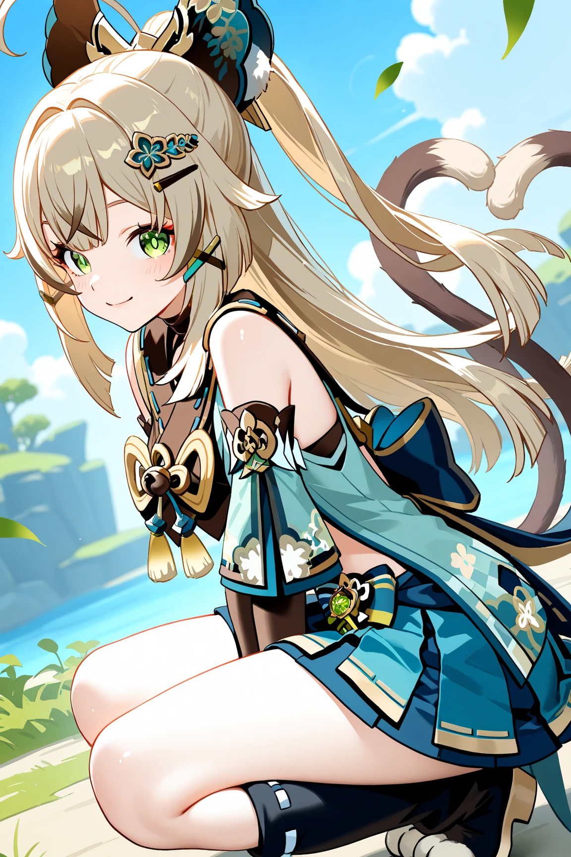 masterpiece, best quality, very aesthetic, absurdres, 1girl, mature_lady,,1girl, kirara \(genshin impact\), genshin impact, long hair, green eyes, tail, animal ears, cat ears, hair ornament, ahoge, multiple tails, cat tail, two tails,in an island,floating_clothes,from behind