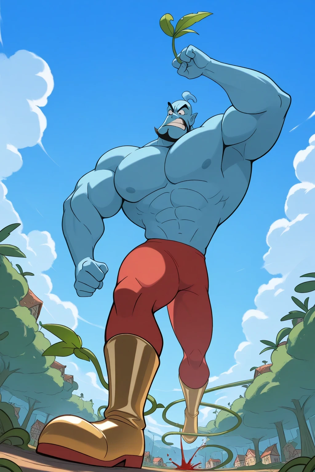 A giant strong genie, disney genie, climbing down the beanstalk, holding the beanstalk, climbing down pose, stomping the leaves, beanstalk plant, giant leaves, jungle vines, cartoon 2d style, saturaded colors, blue sky background, clouds, village down angle, safe_pos, safe_pos, safe_pos, score_9, score_8_up, rating_nsfw, ultra hd, absurdres, best quality, best aesthetic, masculine, solo, 1boy, male focus, perfect proportions, handsome, alluring, mature male, coloured,
Disney Genie, facial hair, blue skin, blue genie, genie, pokemon (creature), blue sky background, looking down, angry, Expressiveh, furious expression, muscular body, ginomous biceps enormous pectorals, full body, macro size golden boots, red underpants, village and forest background, clouds background, climbing down the giant beanstalk reaching down to the village, saying fee-fi-fo-fum I smell a blood of a englishman, fairytale fantasy scene, jack and the beanstalk story, profile angle.