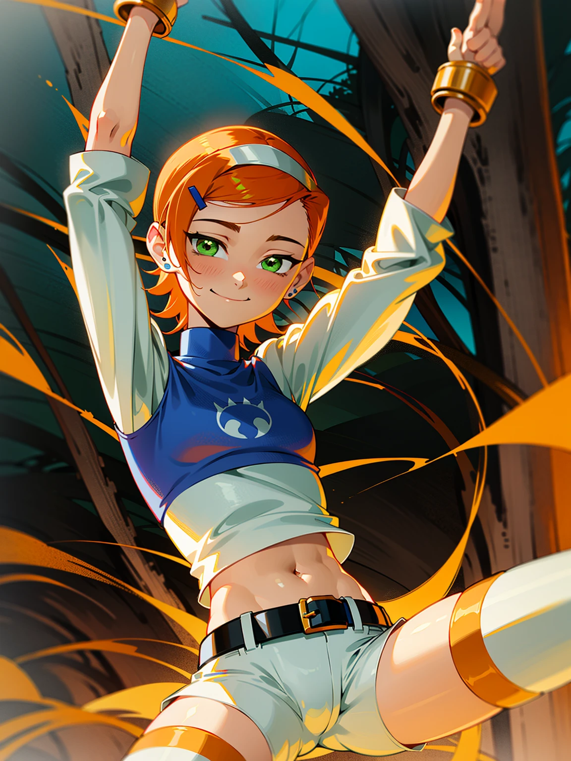 (Masterpiece), Best Quality, ultra-detailed, 1girl (Gwendolyn_Tennyson, beautiful face, breasts, orange hair, short hair, green eyes), , a charming face, smile, looking at viewer, solo, long sleeves, navel, belt, blue shorts,  white thighhighs, in the forest, , dancing,  a seductive dance, one leg up, arms up, Full-body 