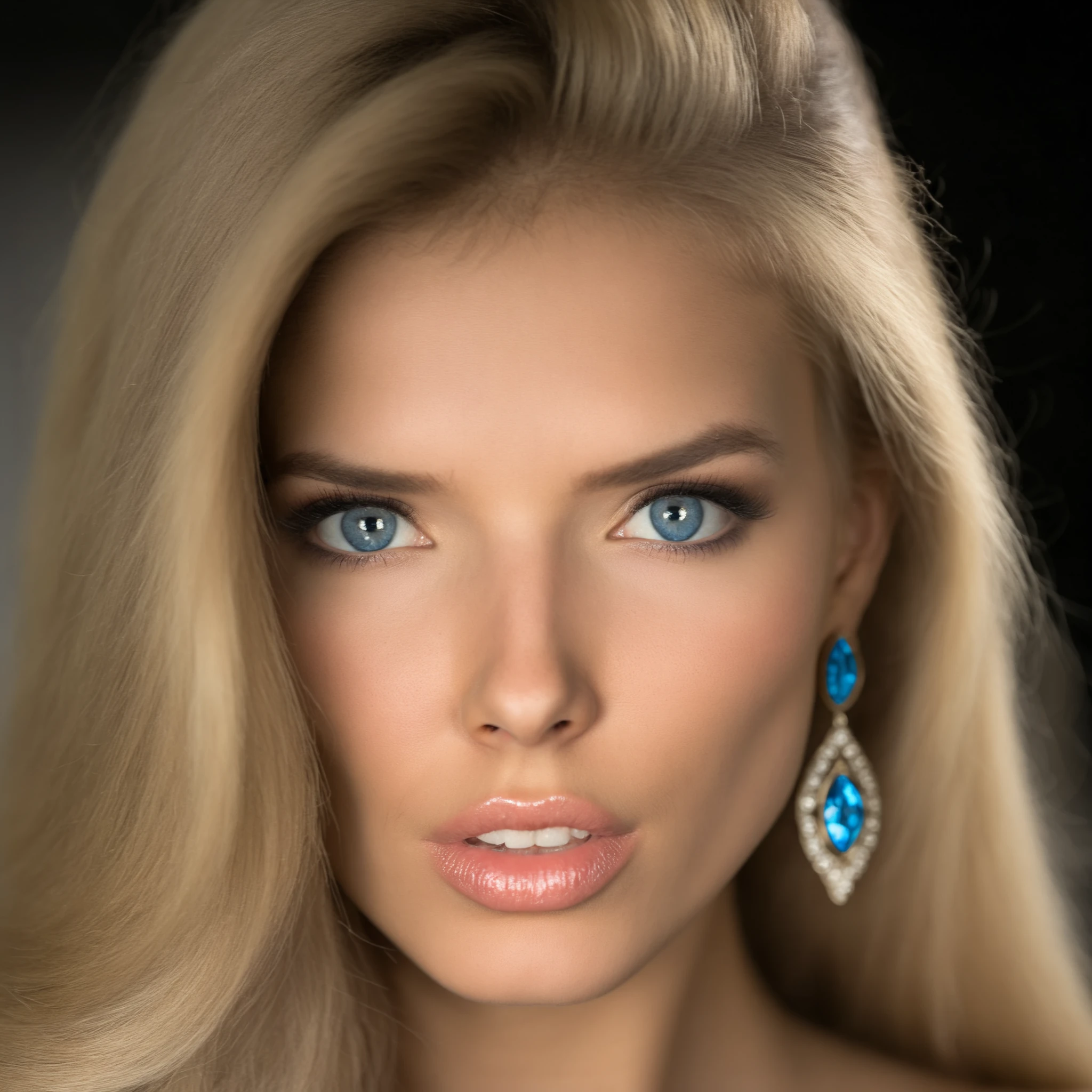 score_9,score_8_up,score_7_up, (glamor photography, Boudoir, high quality), detailed skin, Extremely Realistic, bokeh background, a close up portrait of a woman's face, ultra detailed eyes, lips, mouth and skin, 8k, sensual lighting, her hair is a golden blond with bright big blue eyes, she is wearing ornate blue diamonds and chrome jewelry Voluminous Hair,
