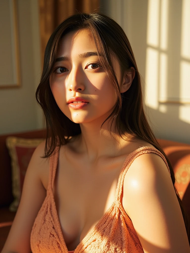(in 8K, top-quality, masterpiece:1.2), (realisitic, Photorealsitic:1.37), ultra-detailliert, Natural sunlight, small breasts, I can see the cleavage, Yellow orange V-neck dress, 1 persons, 23-year-old woman, Facing the front, Look at viewers, beautiful long black hairl, Floating hair, Pendants, extremely detailed face and skin, A detailed eye, extremely detailed face and skin