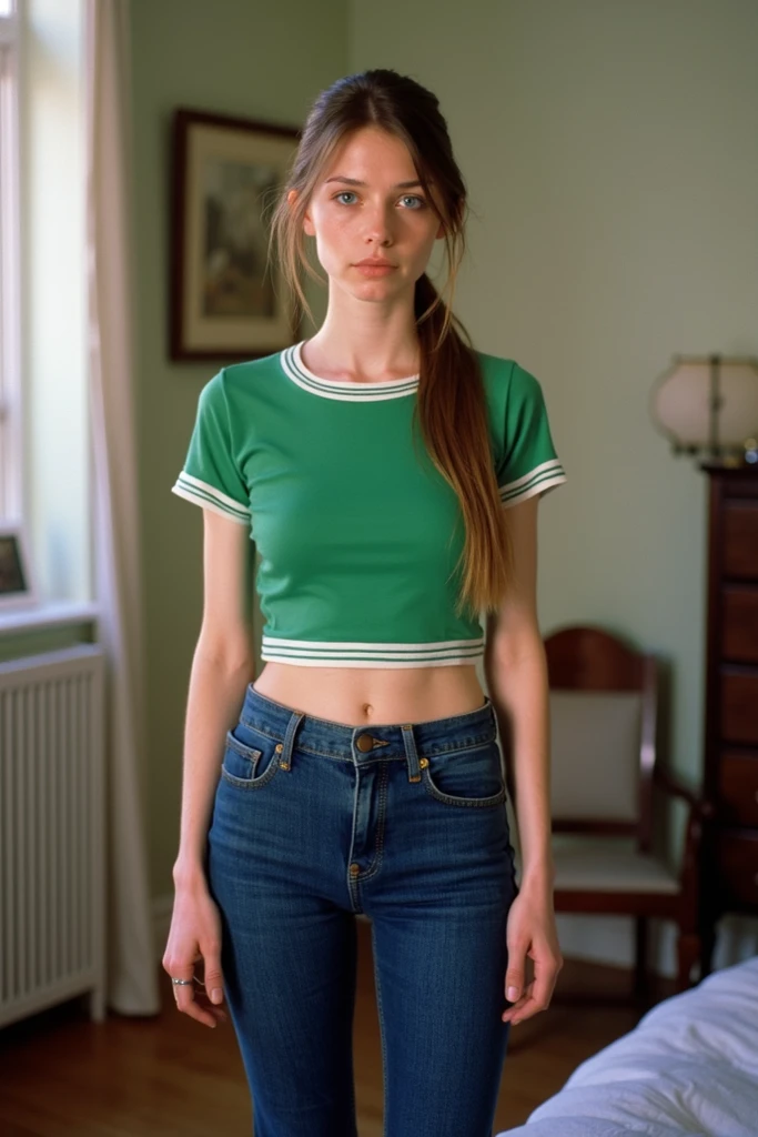 A young girl around 16 years old with long, vibrant red hair tied in two high pigtails. She stands barefoot in the center of a narrow, dimly lit alleyway. Her pale skin is covered with numerous freckles, visible on her face, arms, and legs. She is wearing a light-colored, thin-strapped crop top and matching shorts, both slightly worn. The alley around her has a gritty, urban feel, with brick and metal walls showing signs of age, grime, and some graffiti. The ground is paved with uneven concrete blocks, some stained and dirty. In the background, blurred structures of an old urban neighborhood are visible, with a faint light source coming from behind her, casting soft shadows and adding to the somber, melancholic atmosphere. The image should be in a vertical format to capture her full body and the height of the alley, soft lighting, dreamy atmosphere, light pastel colors, delicate bokeh, david hamilton style, high quality, intricate details, cinematic lighting, film grain, muted tones, warm tones, gentle smile, long hair, natural beauty, graceful pose, serene expression, lush foliage, outdoor setting, peaceful, romantic, feminine