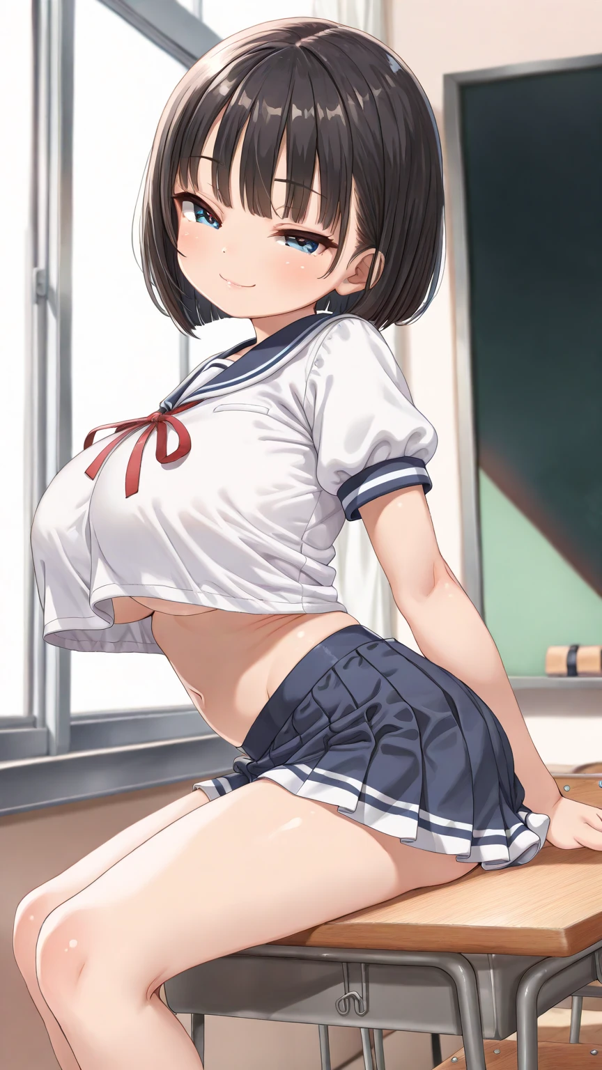 (masterpiece:1.2, highest quality), (realistic, photorealistic:1.4), beautiful illustrations, (natural side lighting, movie lighting), Depth of written boundary,
looking at the viewer, (face focus, Upper body), Front view,fullbody, 1 girl, English, high school girl, 15 years old, perfect face, Cute symmetrical face, shiny skin,
(very short hairstyle:1.7,blonde), asymmetrical bangs, Big eyes, droopy eyes, long eyelashes chest), thin, (((15 years oldの女の子, underboob)))
beautiful hair, beautiful face, fine and beautiful eyes, beautiful clavicle, beautiful body, beautiful breasts, beautiful thighs, beautiful feet, beautiful fingers,
((fine fabric texture, Sailor Moon, Short sleeveless white shirt, White pleated skirt, Navy bow tie)),
(beautiful scenery), evening, (inside the classroom,in front of the blackboard), Are standing, (smile, Upper grade, open your mouth), (from below:1.5),(visibility is low:1.5), (((No panties, genitals visible))), (((15 years oldの女の子, underboob))),