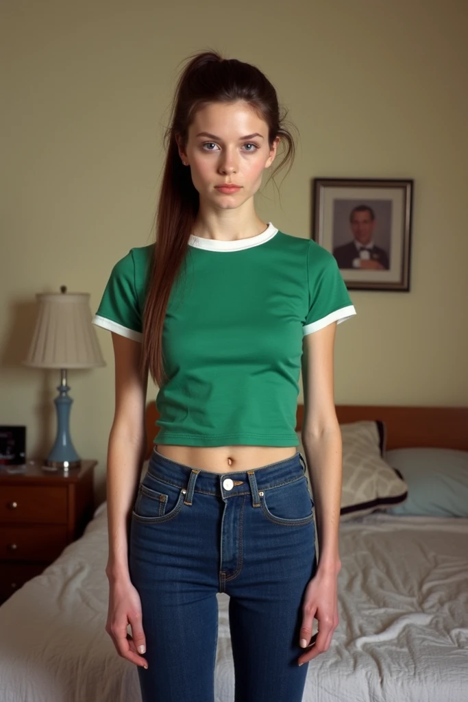 Sophia Lillis, thick body, makeup, pale skin, long wavy hair, naked under her overalls, cleavage 