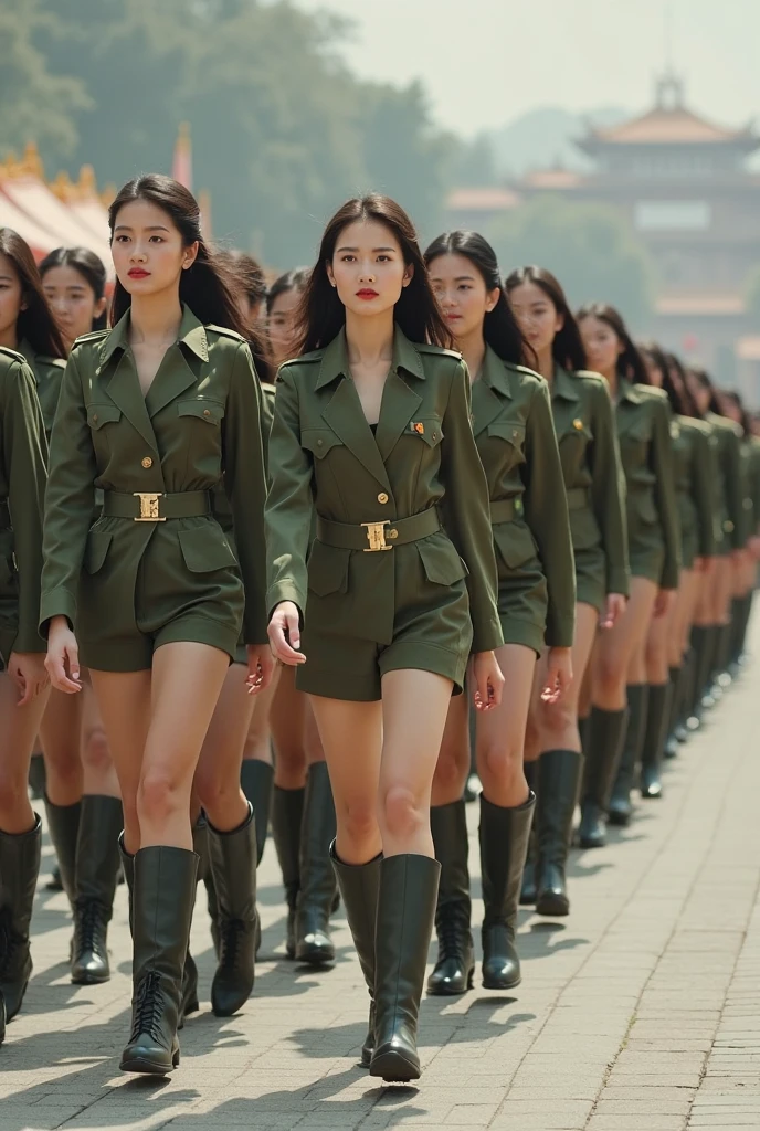 arafed young womans in a green top and panties posing for a picture, a portrait by Emma Andijewska, unsplash, renaissance, photograph of a techwear womans, 3 techwear women, military girl, wearing military outfit, mid shot portrait, military outfit, infantry girl, military composure, militaristic. tight costume. thin fabric. see through. transparent. nude. naked. half body view. nipples. wet. multiple girls. tight full body outfit pink see through. cameltoe. thin fabric. transparents. cameltoe. teen age. girls grey boot.