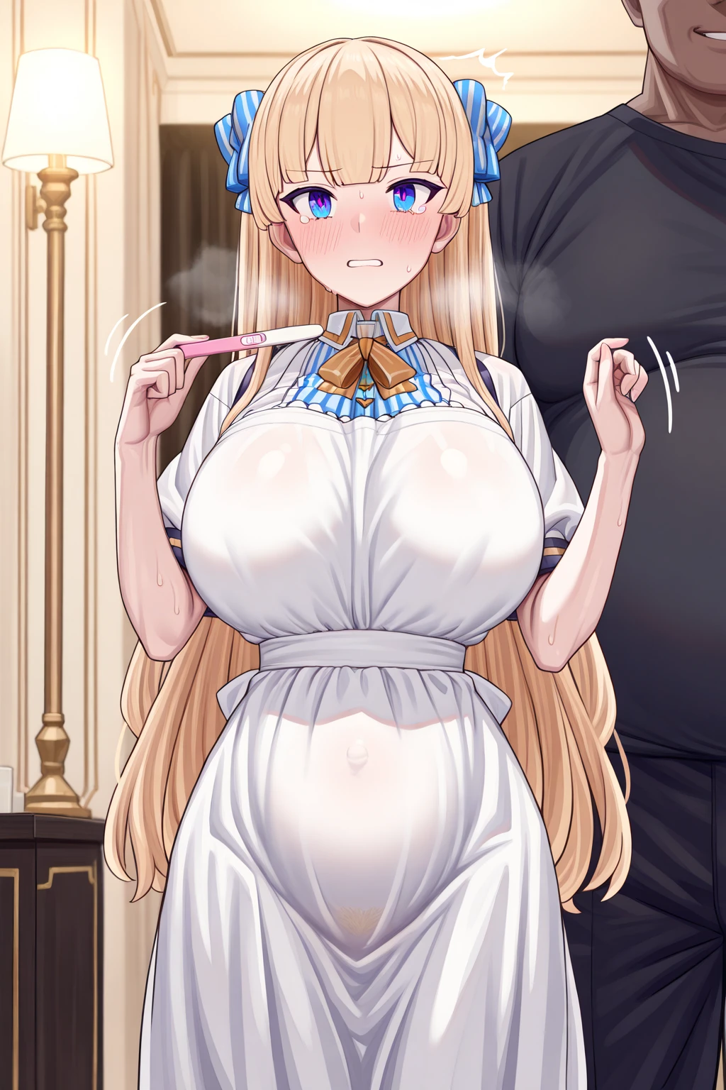 ((Highest quality)), ((masterpiece)), (detailed), （Perfect Face）、The woman is a Mongolian woman named Tsukino Usagi, and is wearing a gorgeous and colorful Mongolian national dress called Dale in a Mongolian mansion, with gorgeous jeweled accessories and an engagement ring. The woman and the man are sitting on a gorgeous, large sofa in the luxurious room, and the woman is being embraced by a dignified, bearded, middle-aged Mongolian man wearing a Mongolian national dress, who is touching her breasts and groin and kissing her.、The woman is the elegant Tsukino Usagi, with her long blonde hair in a chignon twin tail, and wearing the colorful Mongolian national costume, the Mongolian Tsukino Usagi.、the woman is pregnant