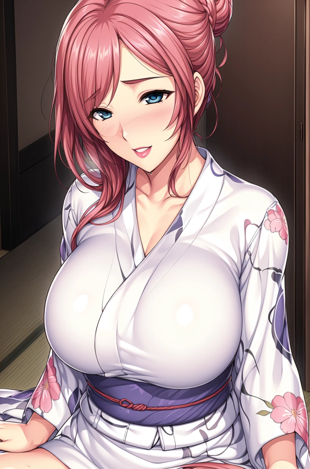 score_9, score_8_up, score_7_up, score_6_up, score_5_up, score_4_up, yu hee, golden eyes, red hair, long hair, thigh, lie, no underwear, beautiful eyes, blush, traditional Chinese room, night, beautiful breasts, shiny lips, shiny lips , sperm, penis, penis between breasts, kneeling, top view, breast sex, bare breasts, purple yukata,