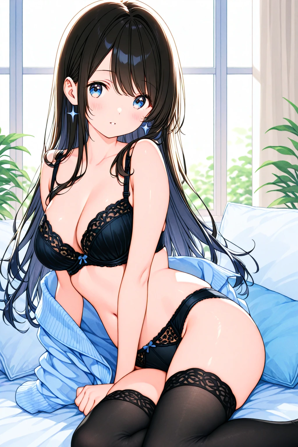 A beautiful girl in turquoise lingerie sitting at a table anime girl, fine lingerie with lace, turquoise lingerie, (side-tie panties, panties with a plain turquoise center and white lace decoration on the sides:1.3), (Thin panties:1.3), (turquoise micro lace satin bra, turquoise bra with white lace trim around the edges, Thin bra:1.3), (knee-high lace garter belt:1.3), in one's underwear only, staring at me shyly, (Bow tie around neck:1.3), big rounds breasts, dark brown hair, swept bangs, long hair, wavy hair, shiny hair, hairclip, hair bun, aqua eyes, (gradient eyes:1.3), glowing eyes, pupils sparkling, blush, bright pupils, glossy lips, cute face, slim waist, shapely legs, beautiful thighs, whole body, anime CG style, high definition, natural light, high detail, anime, dithering, image fill, perspective, Wide-Angle, f/1.8, 85mm, Sony FE GM, 8k, 8k wallpaper, super detail, highly detailed CG, UHD, retina, masterpiece, accurate, anatomically correct, textured skin, highres, best quality:1.3, 16k