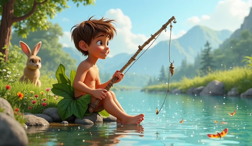 A boy crossing a river on a raft 