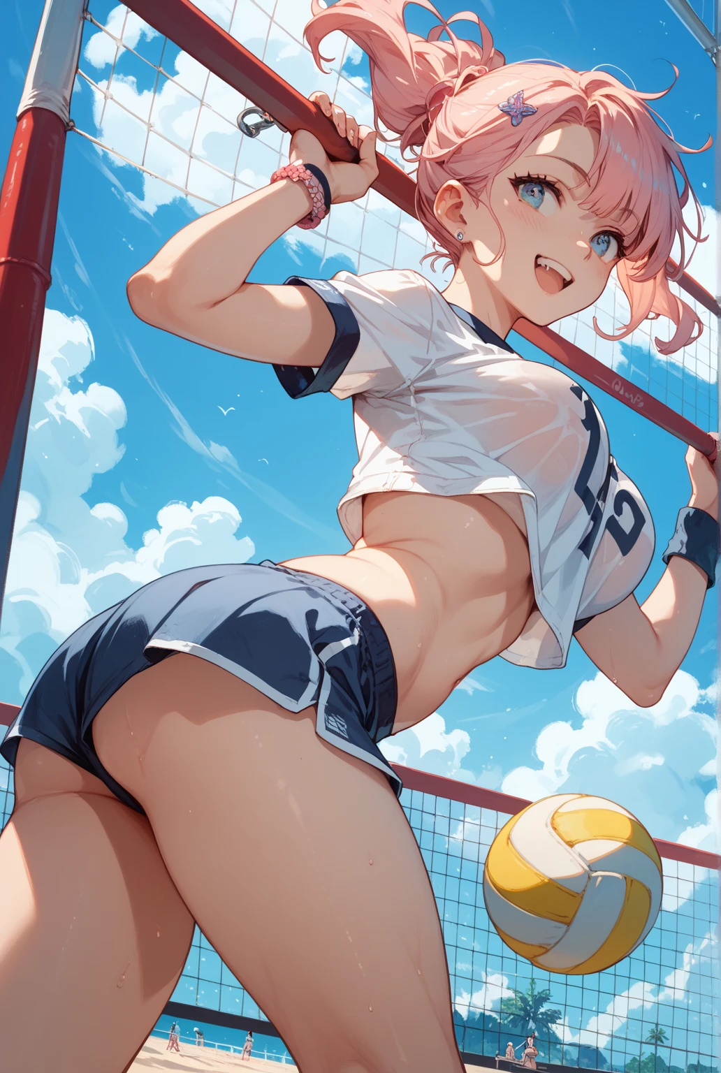 Anime girl white hair red eyes light skin medium thighs big medium breasts playing volleyball wearing tight black thong topless