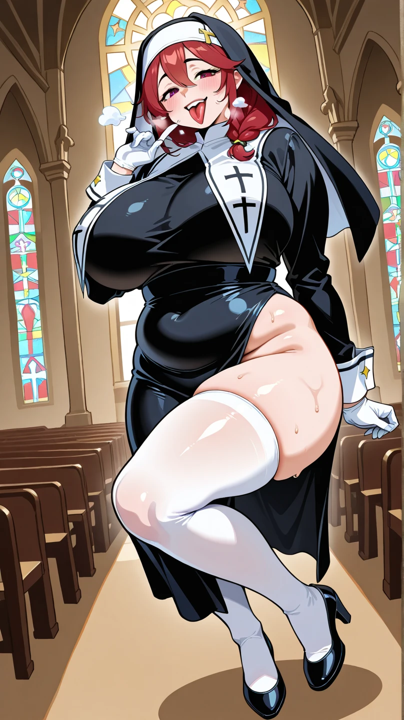1girl huge large breasts,black latex miniskirt,blone hair,Cleavage,crosses,Cross necklace,obsolete,dresscantabile,habit,jewelries,length hair,necklac,lewd nun,battleing,Separate lips,独奏,Wavy hair,church,(Realistis),(Hot body),High Details,(shiny skins:1.16),(gigantic-breast),gigantic-breast,The are prominent,( materpiece:1.4),(Best Quority:1.4),a masterpiece of, hight clarity, hightquality, Detailed face, detailed body render,Sleeveless shirt, Fishing net clothing, Dark lips, exhibitionism,No bras, breasts out,Full body photo,Orgasmic face,Eyes rolled up,Mouth open,The tongue is pulled out