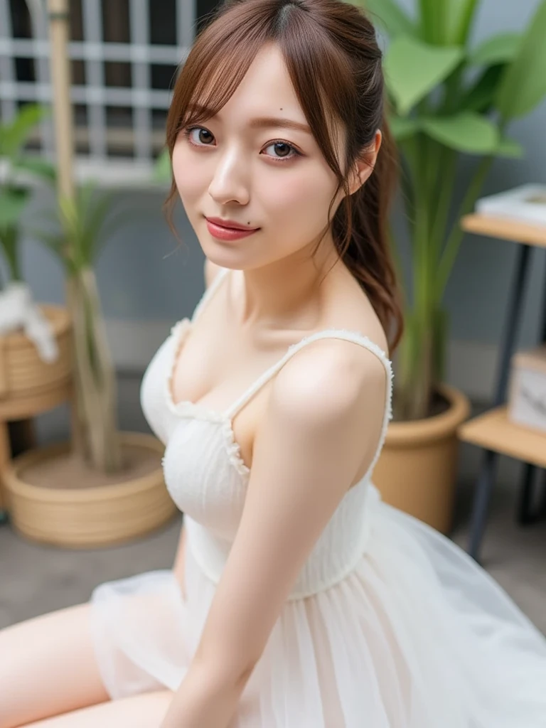 8K、Highest quality、（beautiful）、Precision Eyes、Brown Hair、looking at the camera、Soft Breasts、smile、Cute frilly mini dress、Sit on the sofa、Spread your legs