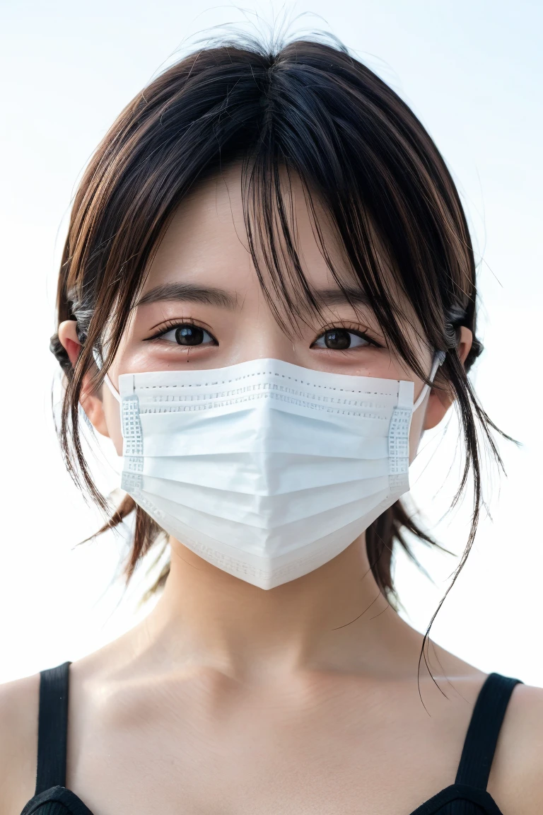 One girl, Japanese, cute sister, black hair color , short hair, wearing a white mask, selfie, background is city , upper body only, face close, realistic girl, top quality image,