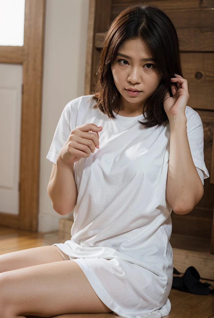 Japanese mature woman lying down covered in cum、Spread your legs wide