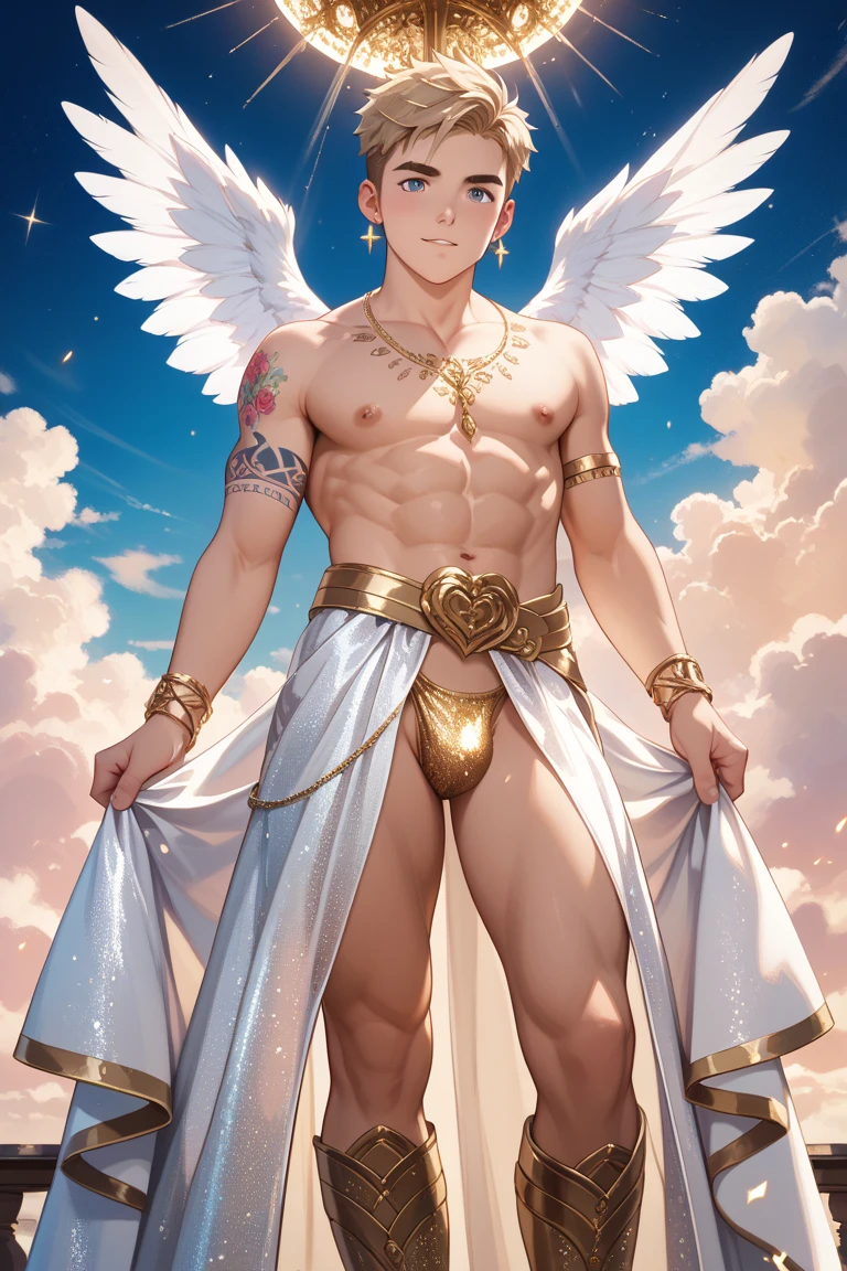 In the realm of radiance and enlightenment, the Prince of Light, with a golden aura emanating from his blonde hair and fair complexion, stands majestically against a backdrop of ethereal, shimmering landscapes. With his piercing blue eyes and chiseled features, his hyperdetailed face is a testament to the unwavering beauty and power he holds. His clothing is flowing and regal, adorned with intricate gold trims and studs. The sun gently kisses his skin, revealing the delicate, ultra-detailed texture of his well-sculpted body. The subtle stubble on his face adds a matured, masculine charm to