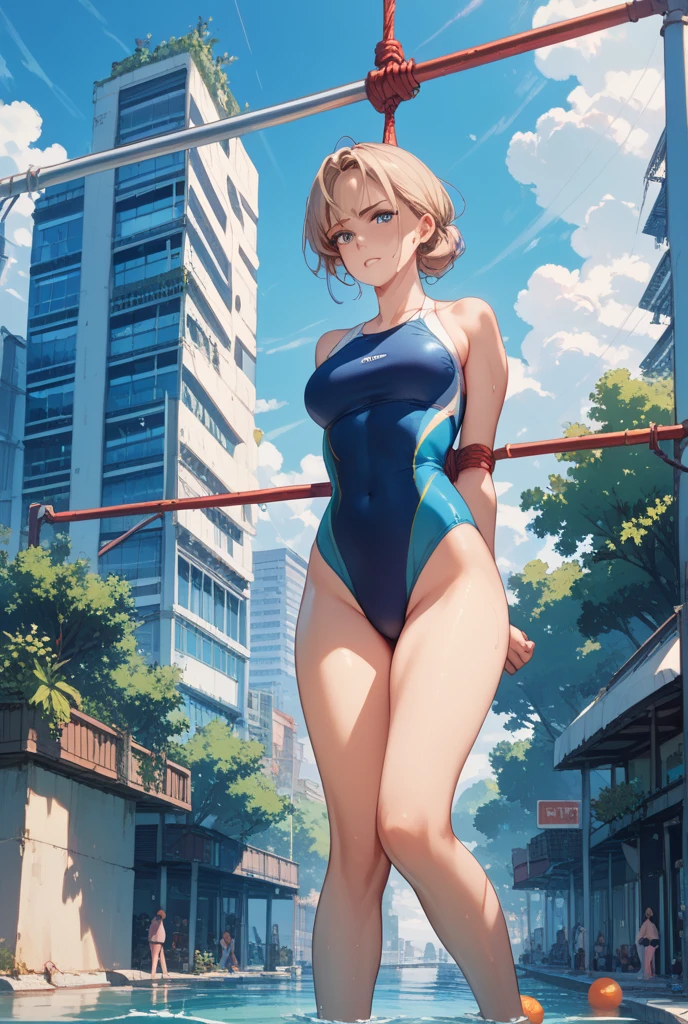 (((pixel-perfect, detail-perfect))), 1girl, medium breasts, suit, ((leotard, highleg leotard, light blue leotard)), bare legs, shoes, city backdrop, solo, single, outstretched arms, standing, spins fast in place like a tornado, tornado winds, speed lines, motion blur, full body shot, cowboy shot, beautiful detailed eyes, blonde hair, short hair, wavy hair, high school backdrop, outdoors, mature lady, teacher, perfect body, good proportions, 
