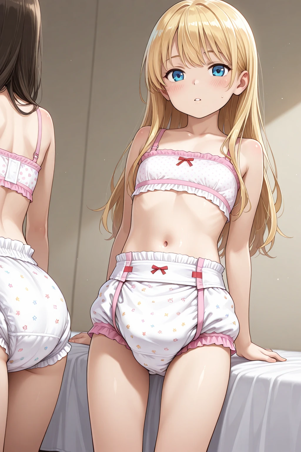 1 girl, underwear, White hair, thigh, White_underwear,, long_hair, Chest, White pajamas,Unbutton your pajamas,Open income,navel,Bare belly,Close your eyes,Close your eyes, exist_Withdrawal, In the bedroom, Hindquarters, Bangs, , blush,Lying on exist bed,White,,White,Full body female,Open your arms
