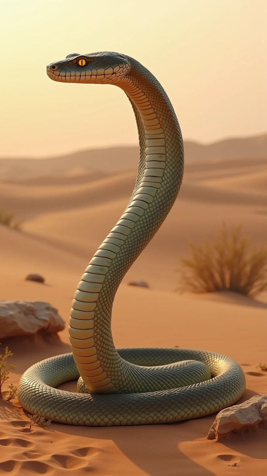 (medium full shot) of (majestic snake) with muscular body, dark green eyes, pearl white iridescent scales, venomous fangs, whip-like tail, spines along back armored plates, set in a vast arid desert, with rolling dunes and the sun blazing high in the sky, where the air is dry and the landscape stretches out endlessly, under the moonlight, woman smiling, ,Masterpiece,best quality, raw photo, realistic, very aesthetic