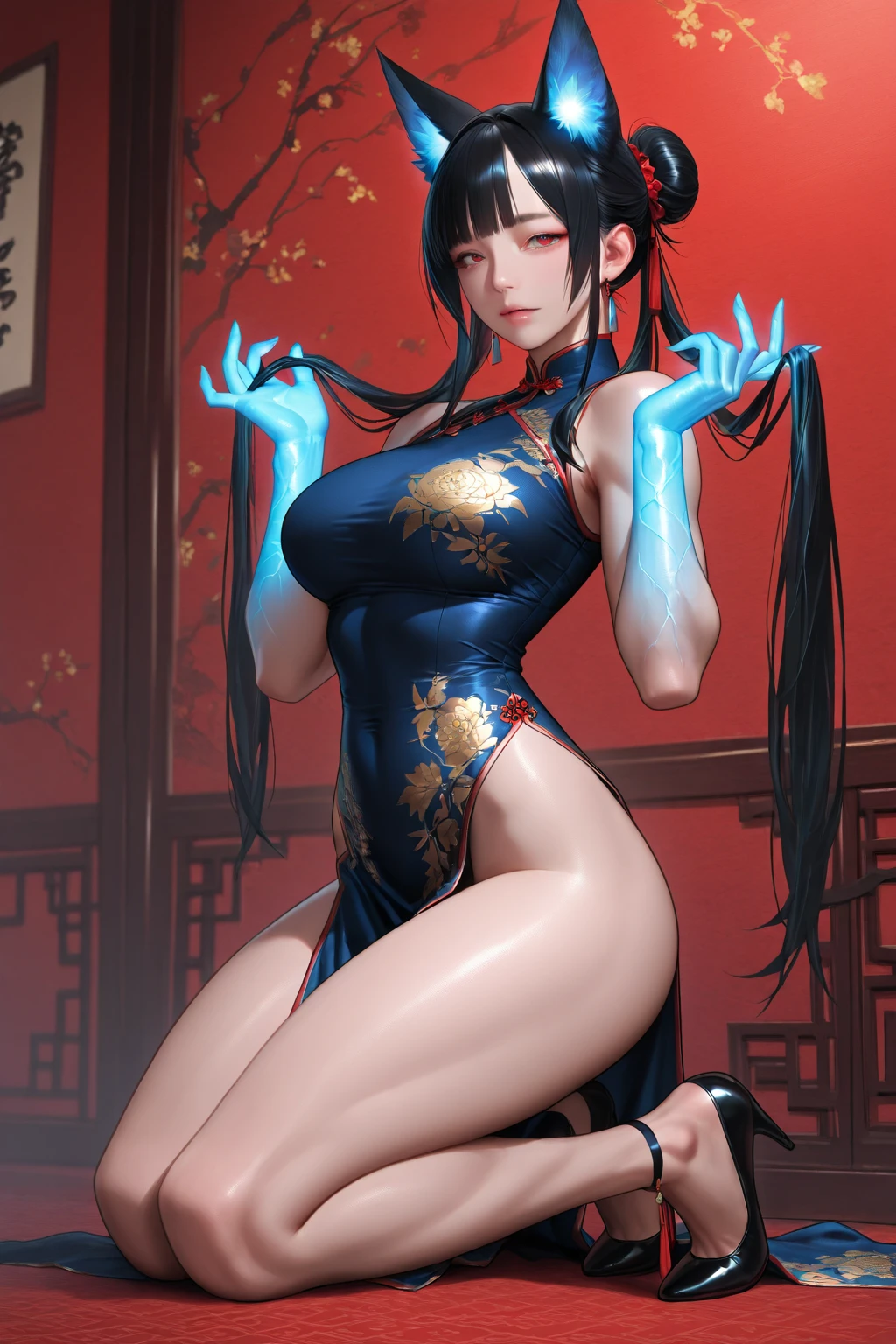 (hyper-realistic), (illustration), (high resolution), (8k), (Very detailed), (Best illustration), (Beautiful and delicate eyes), (best quality), (Super detailed), (masterpiece), (wallpaper), (lifelike), (Natural light), (edge lit), (Detailed face), (Highly detailed lifelike skin texture), (anatomically correct), (alone), (1 girl), (Highly detailed lifelike hair), (blue hair:1.2), spiky hair, (heterochromatic eyes), (Detailed green eyes), (There is a small mole under the eye), (realistic:1.5), (Naked of breast:1.3), (long legs), (Slim abs), (dynamic poses), (Keep your mouth shut:1.3), (Traditional Hanfu), (transparent clothes:1.5), national foundation,Show breasts,Show breasts,exposing her chest,huge ,huge breasts,exposing her chest,huge breasts,