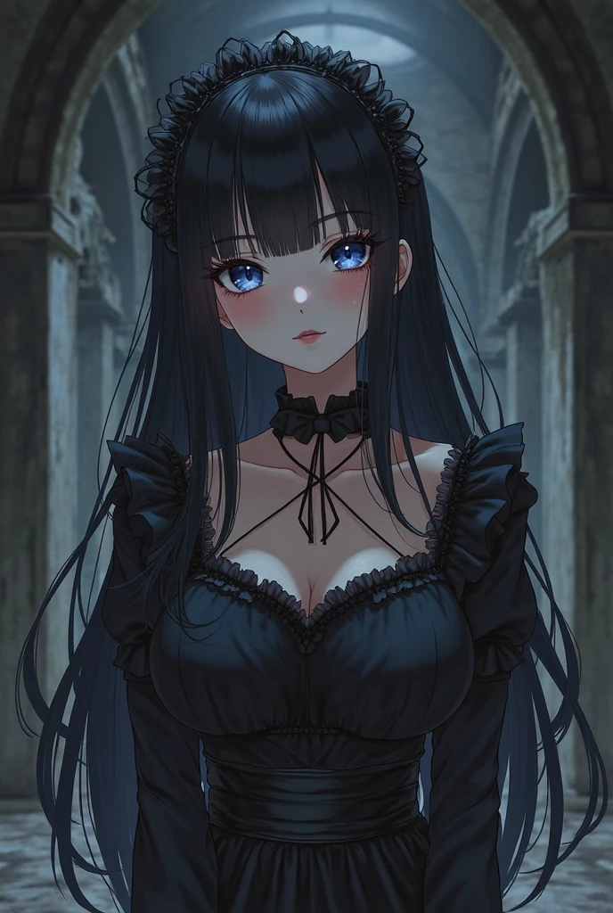 1 girl, mysterious expression, piercing eyes, long flowing black hair, gothic attire, enigmatic smile, pale complexion, elegant features
BREAK
dramatic high-angle shot, (bird's-eye view:1.2), symmetrical composition, stark monochrome, deep shadows, subtle highlights, haunting mood, artistic details
BREAK
ancient cathedral, stained glass windows, ornate pillars, flickering candles, ethereal atmosphere, secret whispers, timeless beauty, absurdres, highres, unique, masterpiece