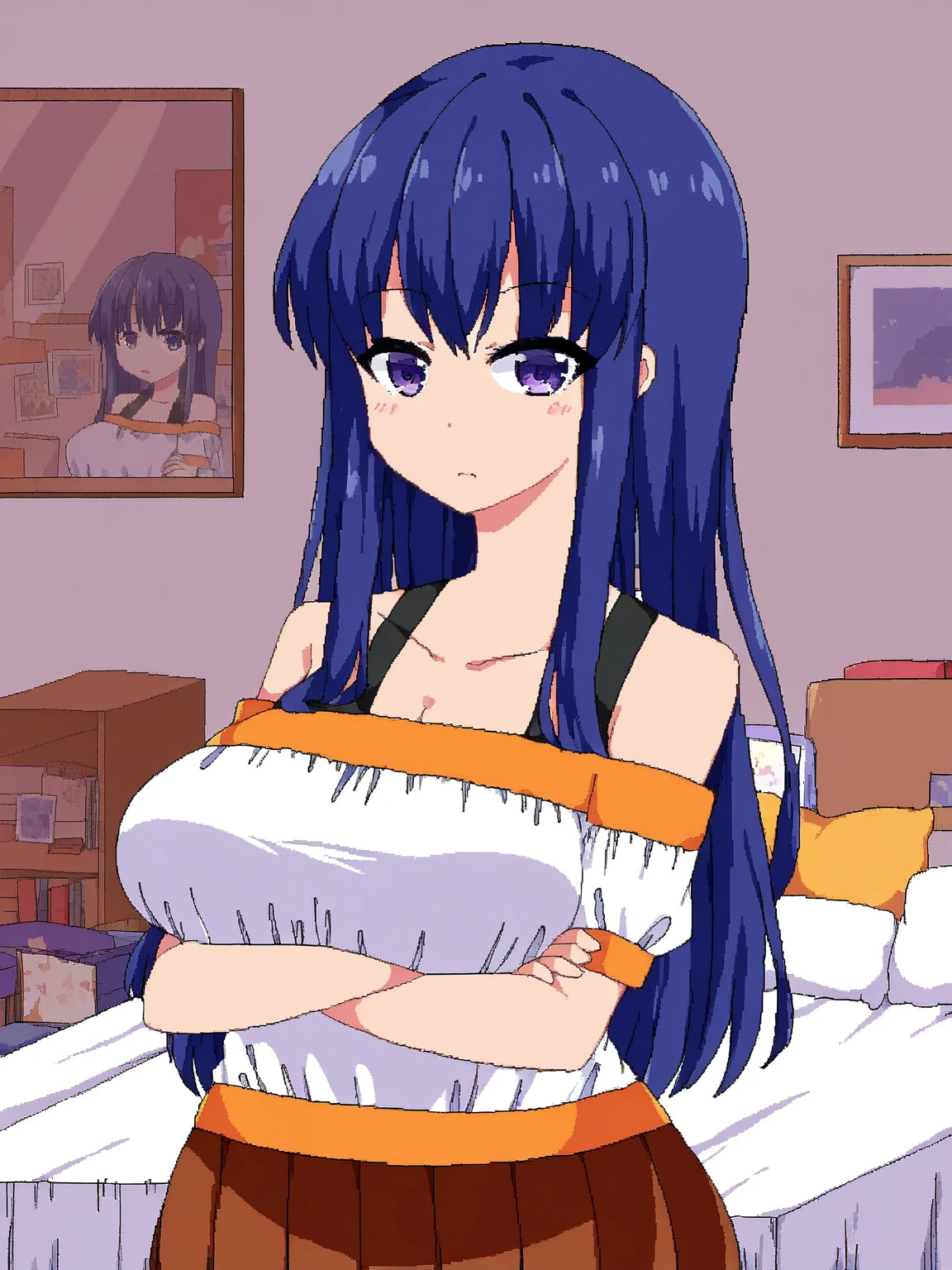 1girl, nsfw, furuderika, long hair, purple eyes, blue hair, blunt bangs, ,, , empty eyes , large breasts, nipple, Walking, , Abandoned Hospital frozen, wet, crying ,, Naked, , (1girl) Blank look