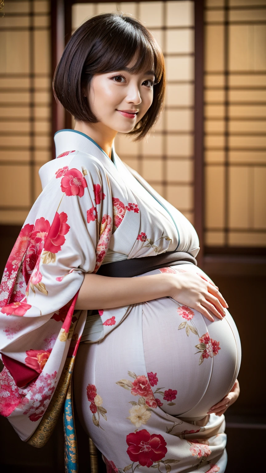 Send a Japanese man harvesting wheat in a wheat field，Carrying a baby on your back，Big breasts，Fair，There are trees and thatched houses in the distance。
