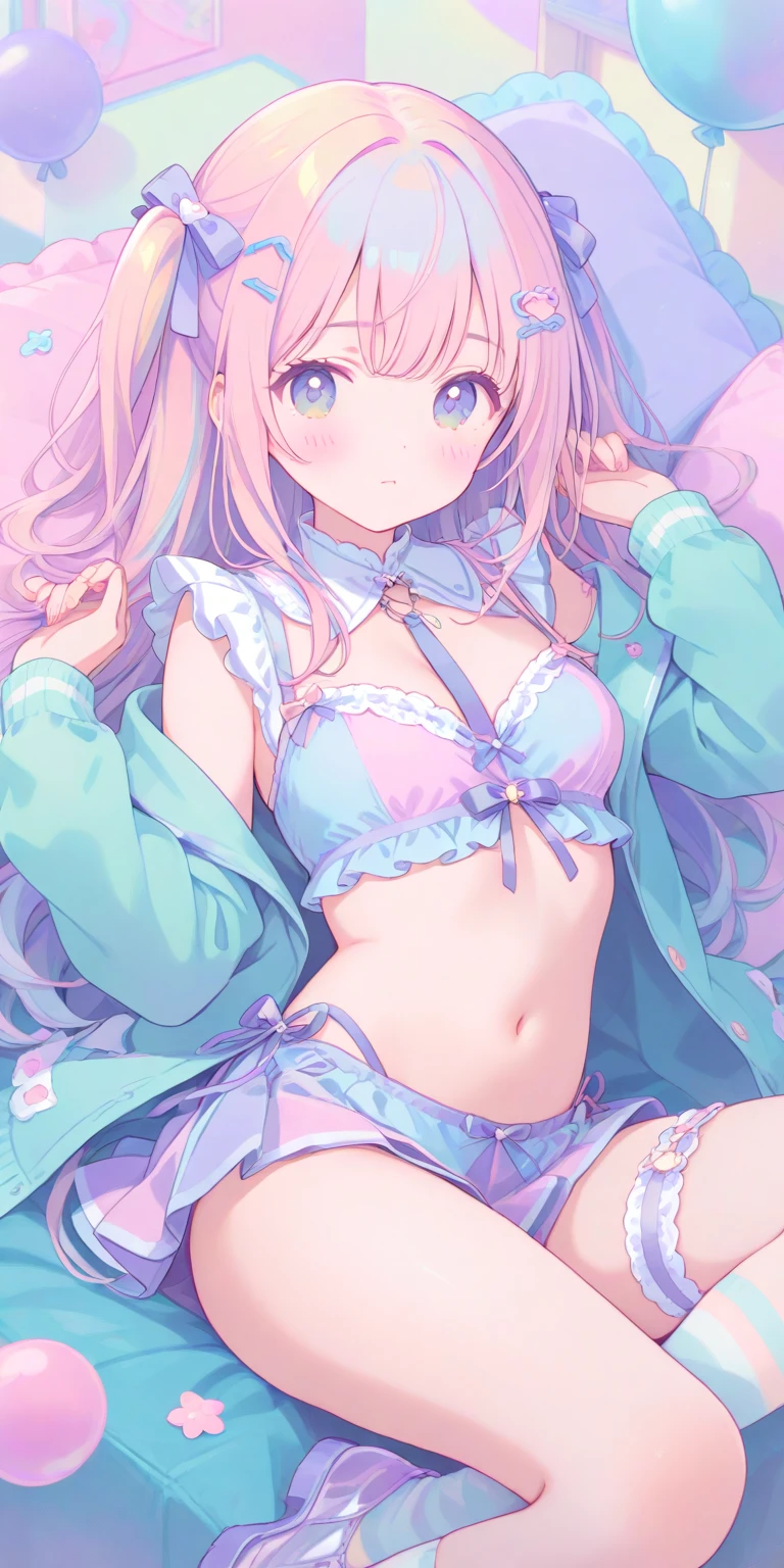 Clear painting style、beautiful girl、16 years old、Girly Hair、Pink Room、Girly Fashion、Pleated skirt、Knee socks、Highest quality, smile,Sit with your legs apart、girly panties、Girly Bra、Sweaty crotch、Low Angle、Cowboy Shot、Put your hands on your bra、Put a condom in your mouth