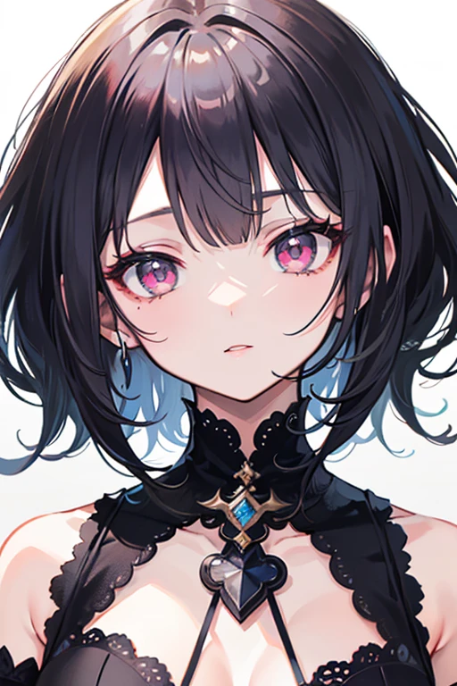 A highly detailed and high-resolution. She has a small, delicate face with a slightly cat-like appearance. Her eyes are large, black, and slightly upturned, giving a mysterious and captivating look. She has a small, well-defined nose and a small, elegant mouth. Her skin is smooth and fair, with a subtle glow. Her makeup emphasizes her eyes, with bold eyeliner and a touch of mascara to enhance her natural beauty. Her lips are painted with a soft, natural pink color. Her hair is styled in a sleek, shoulder-length bob, with a slight wave. She is wearing a fashionable outfit that complements her sophisticated and chic style. The background is simple and neutral to keep the focus on her face.