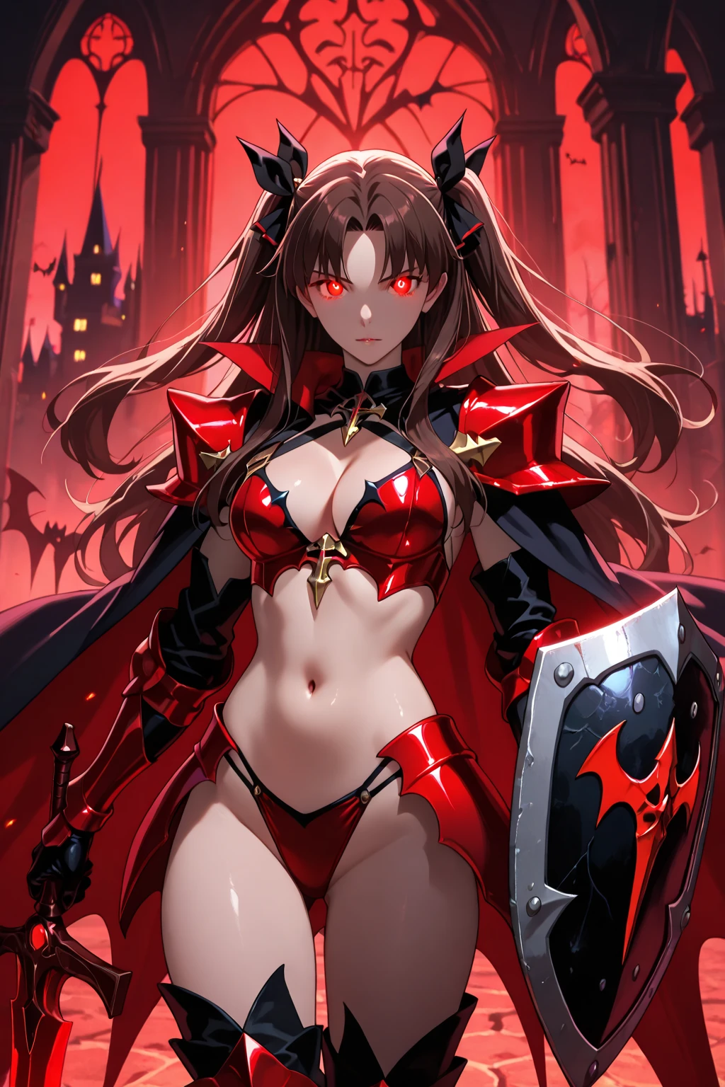 masterpiece, best quality, 1 female, red Oni, long brown hair, two horns coming from his forehead, and glowing red eyes, large breast, thighs