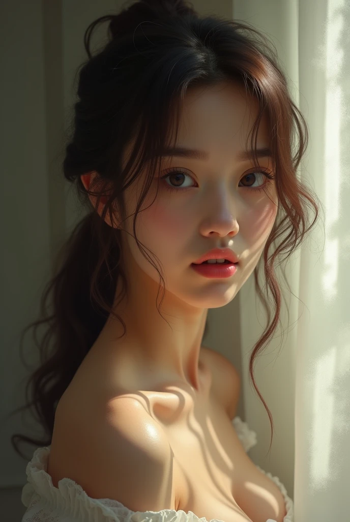 nikon RAW photo,8 k,Fujifilm XT3,photorealistic,realistic, solo, photorealistic, best quality, ultra high res, (skin spots:0.1) sexy expression, stan, totally naked, masterpiece, best quality, extremely detailed face, perfect lighting, solo,1girl, sexy sight best quality, ultra high res, photorealistic, ultra detailed, masterpiece, best quality, iu1, tiny butt, lee ji-eun, nipple visible