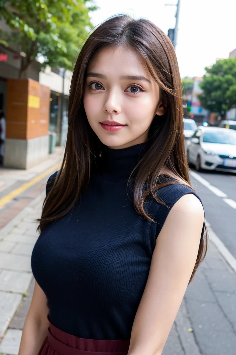 masterpiece, best quality, ultra-detailed, intricately detailed hyperdetailed, realistic, sharp features, highly detailed, sharp focus, (18 years old:1.3), perfect face, perfect symmetrically eyes, perfect full lips, hyper detailed, hyper realistic, high resolution, Fashion Model, Slender, Japanese Idol, brown hair, Stylish, Realistic, Photorealistic:1.3, Beautiful Face, light brown hair, messy hair, asymmetrical bangs, Neat clothes, (smile slightly), (tight fitting Black tops:1.2),