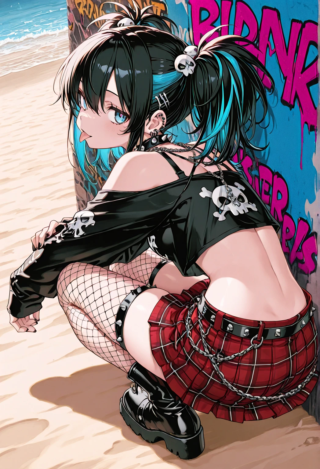 Emo girl, Short skirt, The T-shirt is torn, bare chest, nipple piercing, perfect physique, erotic panties, knocked down on all fours, back view, legs spread, shock, Embarrassment, back view