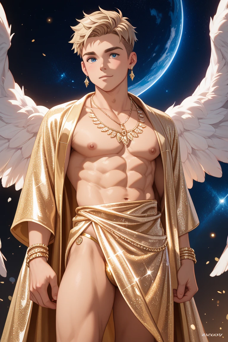 (solo, male), illustration of a 35yo male, wearing a (revealing) extravagant white cape, (penis), stubble, (iridescent gold, white ribbons), mystical runes, dynamic pose, <lora:more_details:0.1>