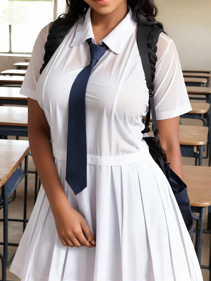 school Frock with pockets,putting hands in.side pockets of pleated frock,hands in pockets pose,Raw photo,1 girl,chest pocket ,Wearing white frock and color tie, white shoes ,sri lanka teen school girl,cute skinny body figure,in the classroom,hands in side pockets pose,standing,dress with pockets,big pockets