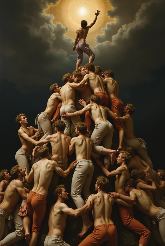 Une peinture de la renaissance. 9 personnes un homme fort et tres musclé se tient assis de face sur un trone en haut de 4 grande marches.
A step below, se tiennent deux gardes de chaque côté avec des lances spartiates.
Sur la troisième marche 4 autres gardes avec lances spartiates se tienne debout sur toute la longueur de la marche.
A genoux sur la 4 eme marche deux mendiants de profil regarde l'homme assis en quemendant,
Behind the seated man a celestial light illuminates the sky and the whole painting, sur chaque côté de la photo il y a une colone de type architecture grecque qui soutiennent une tres grosse colonne grecque située sur le haut du cadre a l'horizontale. Sur cette colonne horizontal nous voyons les lettre M A N E inscrite toujours en architecture grecque.
