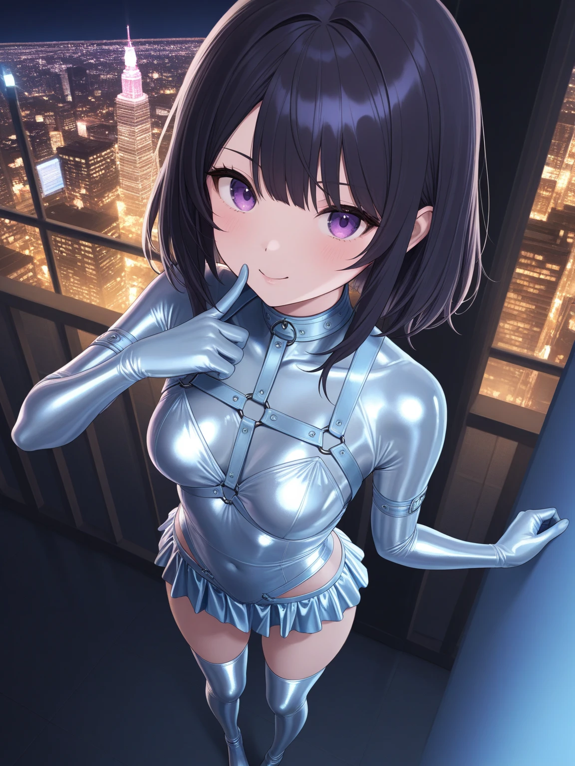 Black Playboy Bunny Suit, Solo Girl, Highest quality, Middle chest, Black Hair, short hair, Seductive detailed face, (Charm, Drop your eyes:1.2), Cinema Lighting, Shiny skin, Captivating smile,