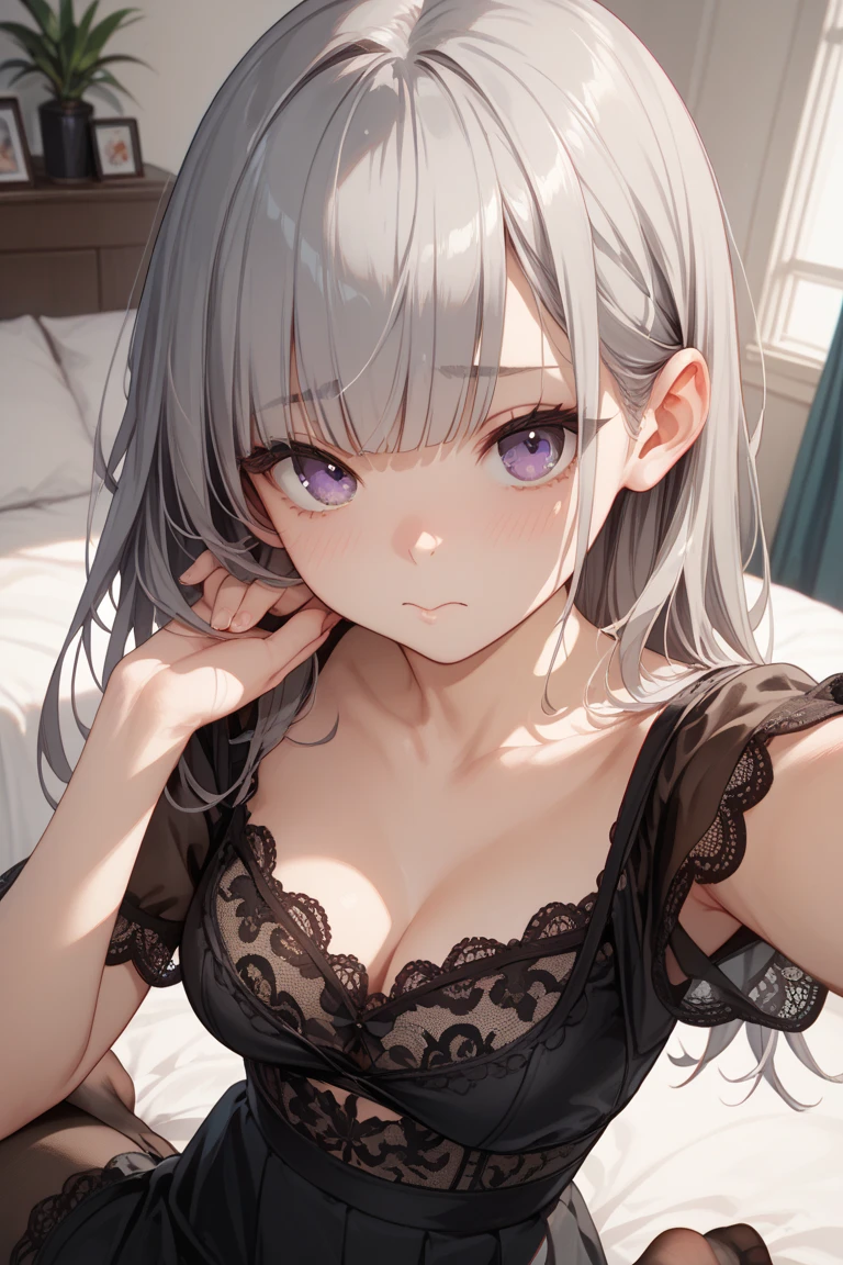 (Best Quality,High resolution,8K,finelity detailed background,Masterpiece:1.2),beautiful girl,Glossy romance gray hair,messy hair,Gray eyes,Gentle look,A refreshing look,Best quality,Best Quality,Aesthetic and aesthetic:1.2,Best details((Super detailed))(High-definition CG illustrations),Purple underwear (purple,intricate lace),Slender body,Late Night,Moonlit Night,Bedroom,On the bed,smile,blush,cute,Scrounge,Looking up,Being spoiled,super model,wariza,shoot from above